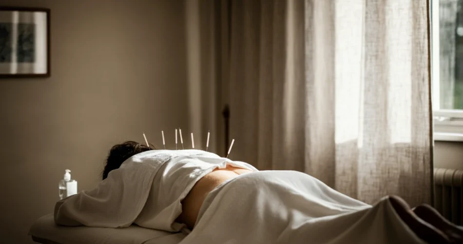 Akupunkturnåler i ryggen på behandlingsbenk, akupunktur i norsk klinikk.