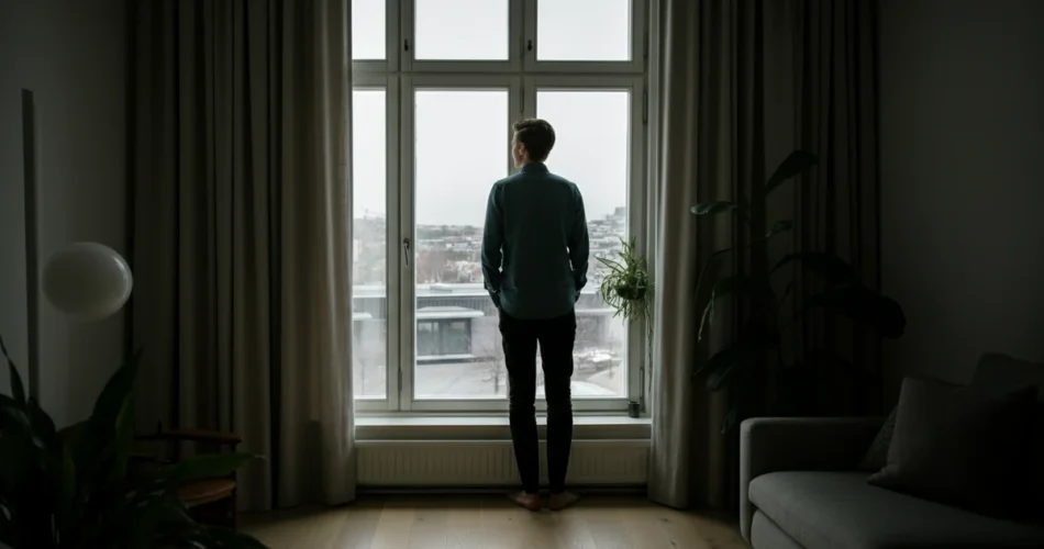 Voksen ved vindu med flat følelse, anhedoni hos høytfungerende på papiret.