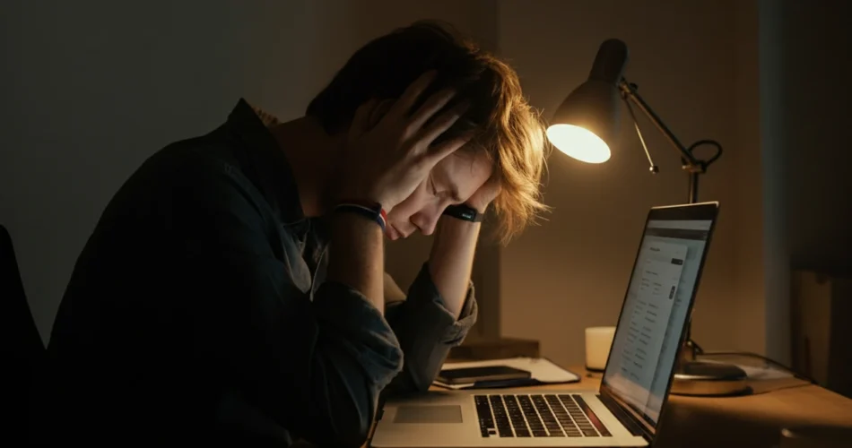 Trett person ved kontorpult etter lang dag — illustrasjon av beslutningstretthet