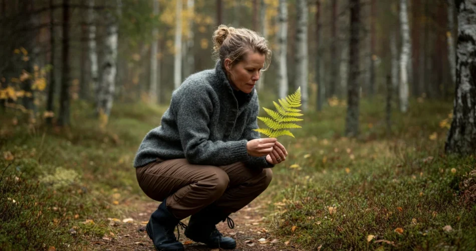 Voksen studerer bregne i skogen, lærdom fra friluftsbarnehage for voksne.