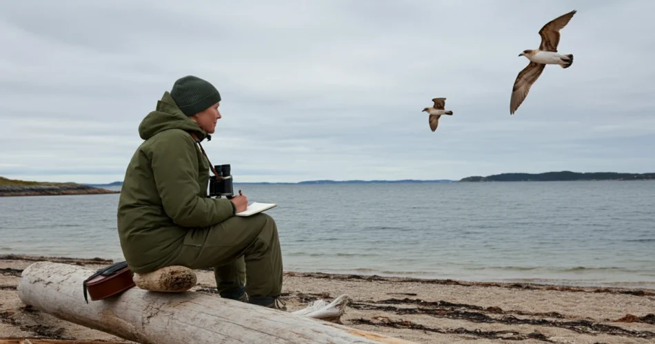 Nybegynner med kikkert ved kysten, fugletitting nybegynner som rolig hobby.