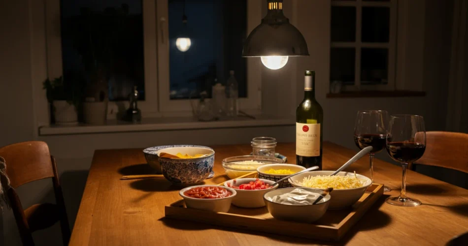 Norsk fredagstaco med rødvin på kjøkkenbord, helgekalorier som stopper vekttap.
