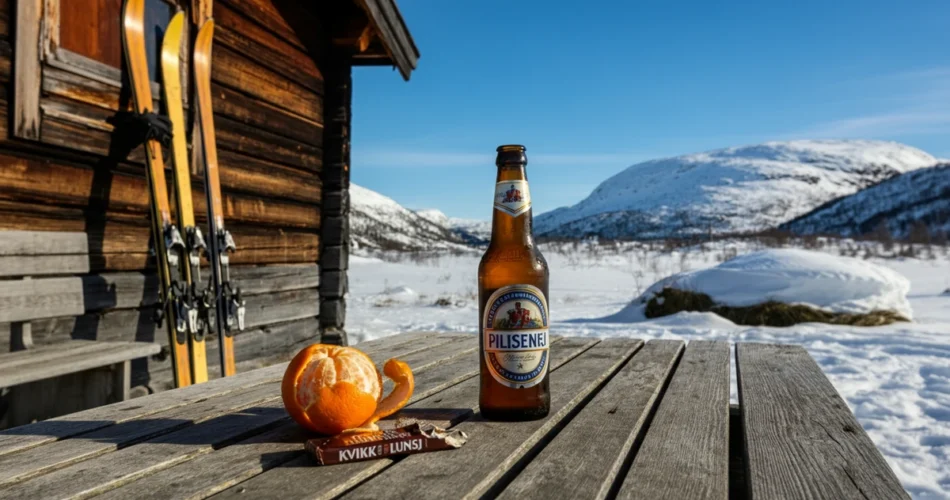 Påsketur på hytta med Kvikk Lunsj og appelsin i sola, hyttekiloer påske ved fjellet.