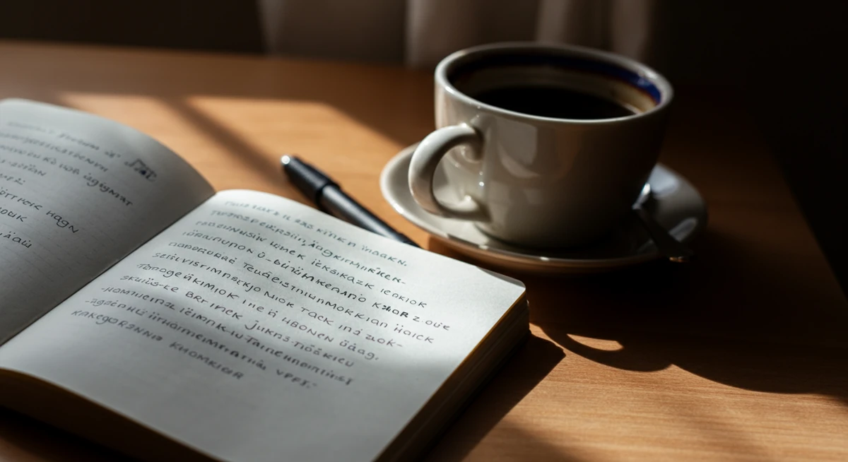 Dagbok og kaffe ved vinduet, indre arbeid mot janteloven og selvkritikk.