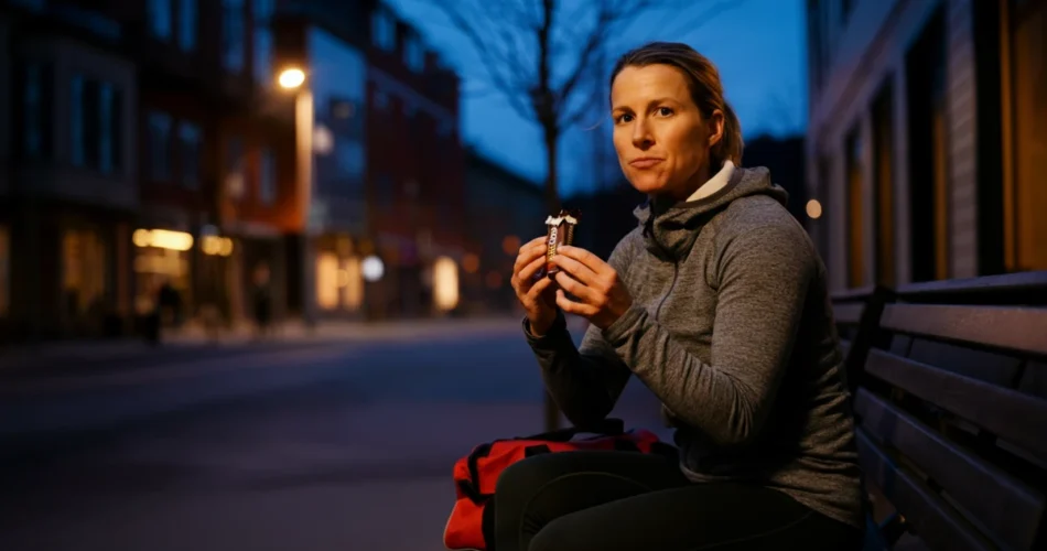 Kvinne spiser proteinbar etter trening, kompensasjonsspising etter SATS-økt.