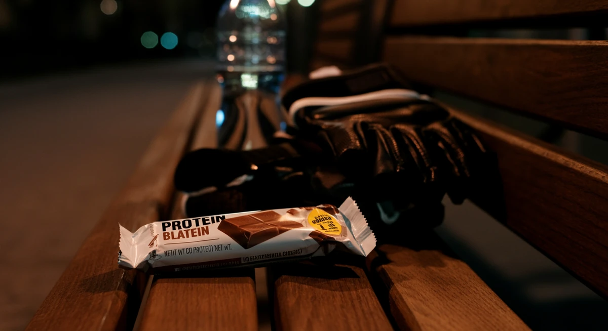 Proteinbar og treningsutstyr etter økt, kompensasjonsspising som spiser opp kalorier.