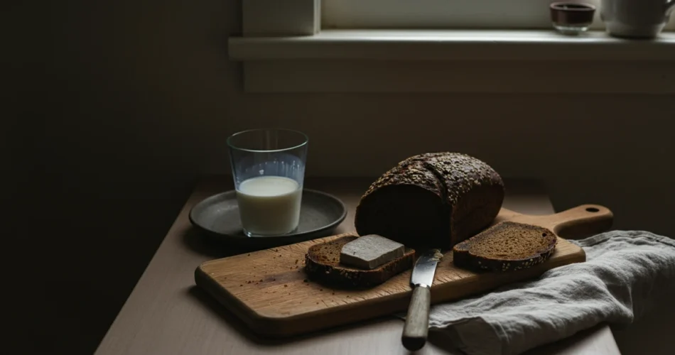Norsk kveldsmat på trefjøl med brunost og rugbrød, illustrerer kveldsmat vane og vekttap.