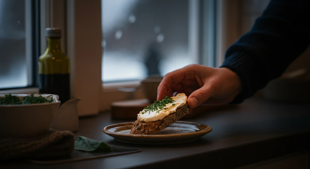 Hånd som tar et knekkebrød med brunost om kvelden, kveldsmat vane som påvirker vekttap.