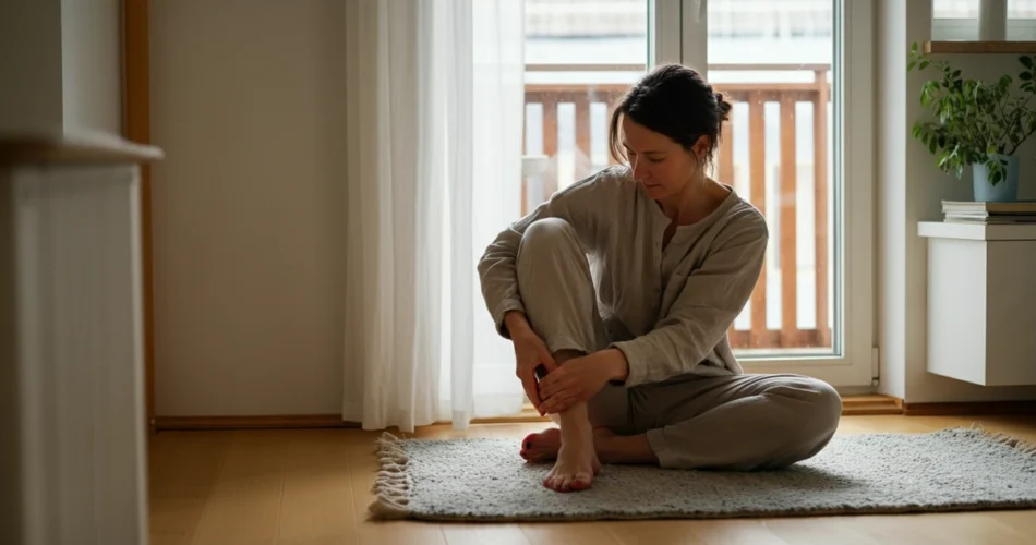Kvinne masserer ankler på stuegulvet, lymfedrenasje hjemme om morgenen.