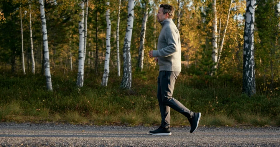 Mann over 40 på rask tur i marka, livsstil for å redusere magemål menn.