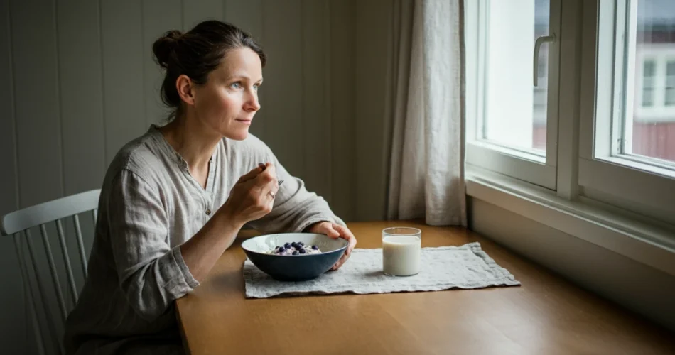 Kvinne spiser havregrøt langsomt ved kjøkkenvinduet, mindful eating i norsk hverdag.