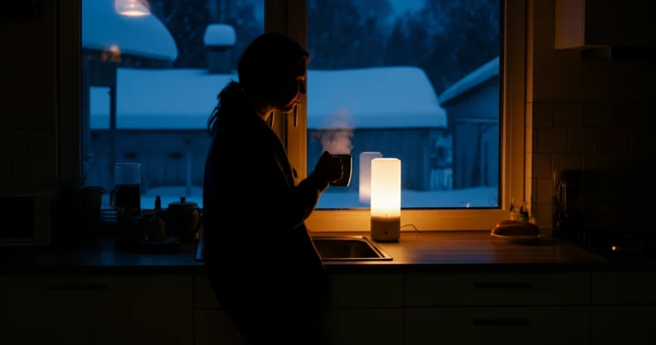 Person ved vinduet med varmt vann, morgenrutine vinter med lysterapi i mørket.