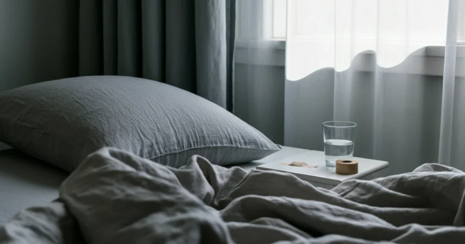 Soverom om morgenen med munntape ved sengen, mot munnpust om natten.