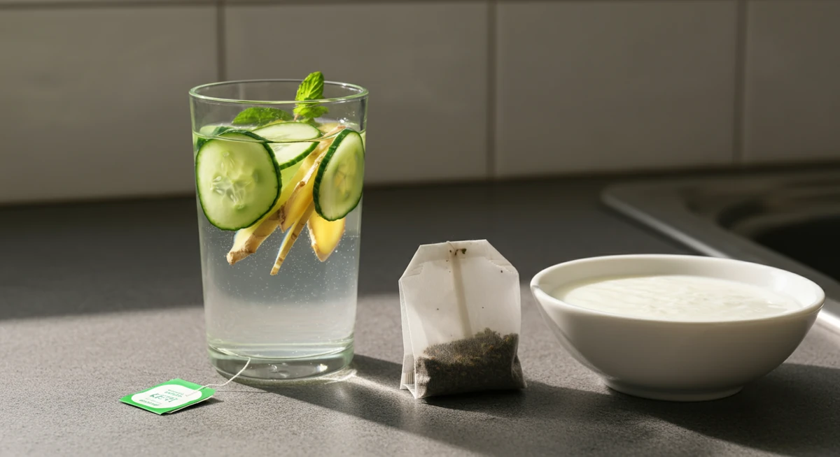 Peppermyntete og kefir på kjøkkenet, hjemkomstprotokoll mot oppblåst mage.