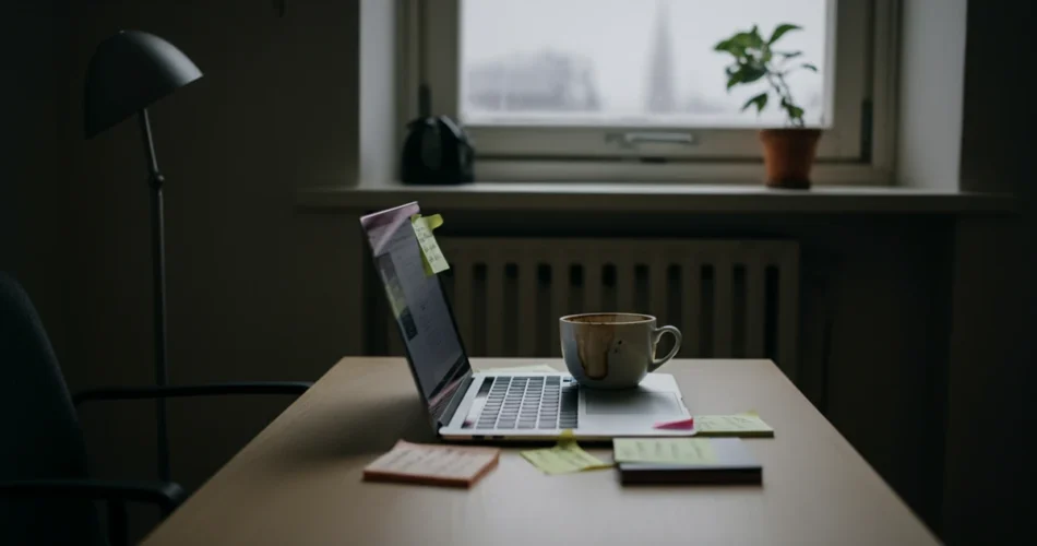 Arbeidsplass med tomt dokument og post-its, perfeksjonisme jobb stopper flyten.