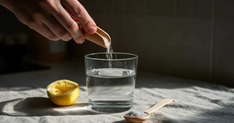 Vannglass med havsalt og sitron, enkel saltbalanse uten kommersielle pulver.