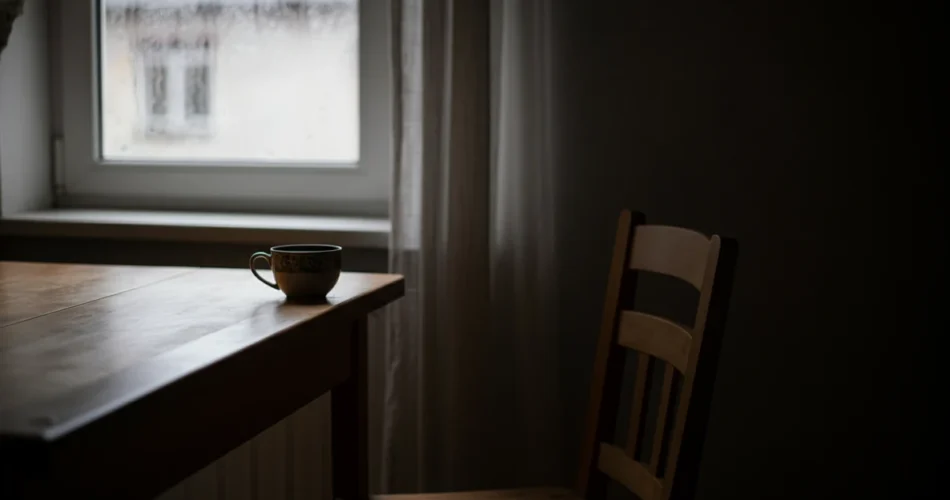 Tom stol og enslig kaffekopp ved vinduet, skilsmisse psykologi i andre året.