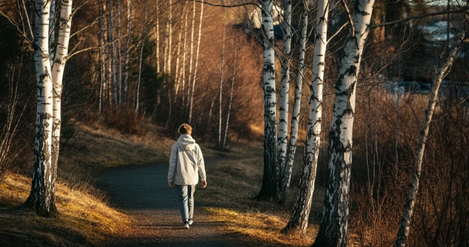Person på liten skogstur etter jobb, småturer hverdag for daglig naturkontakt.