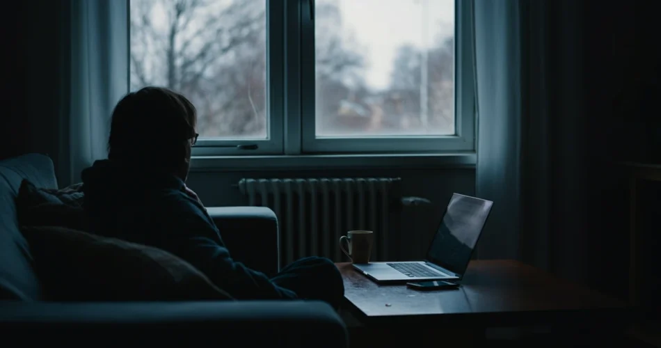 Silhuett ved vinduet søndag ettermiddag, søndagsangst før ny arbeidsuke.