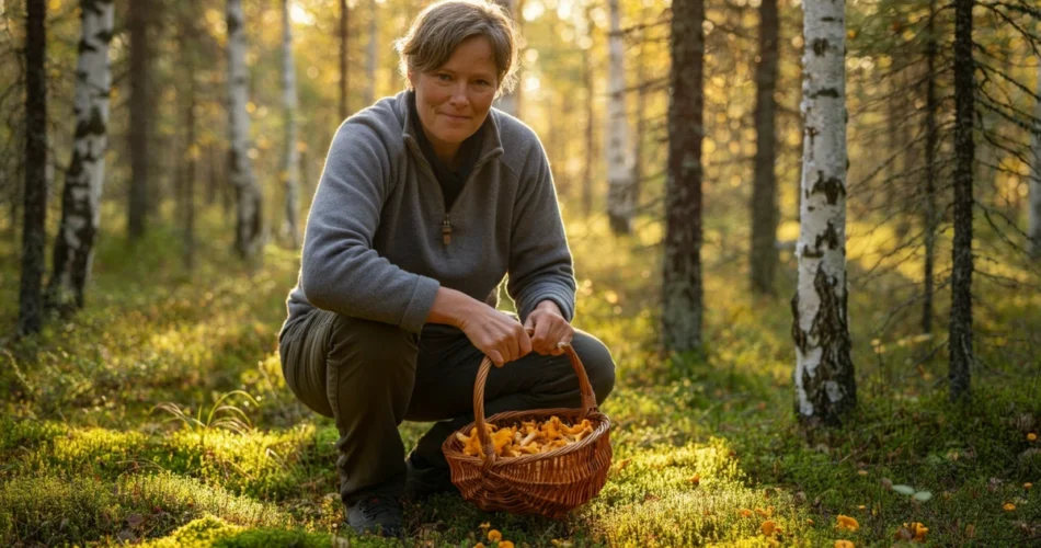 Person plukker kantarell i bjørkeskog, sopptur som mental terapi om høsten.