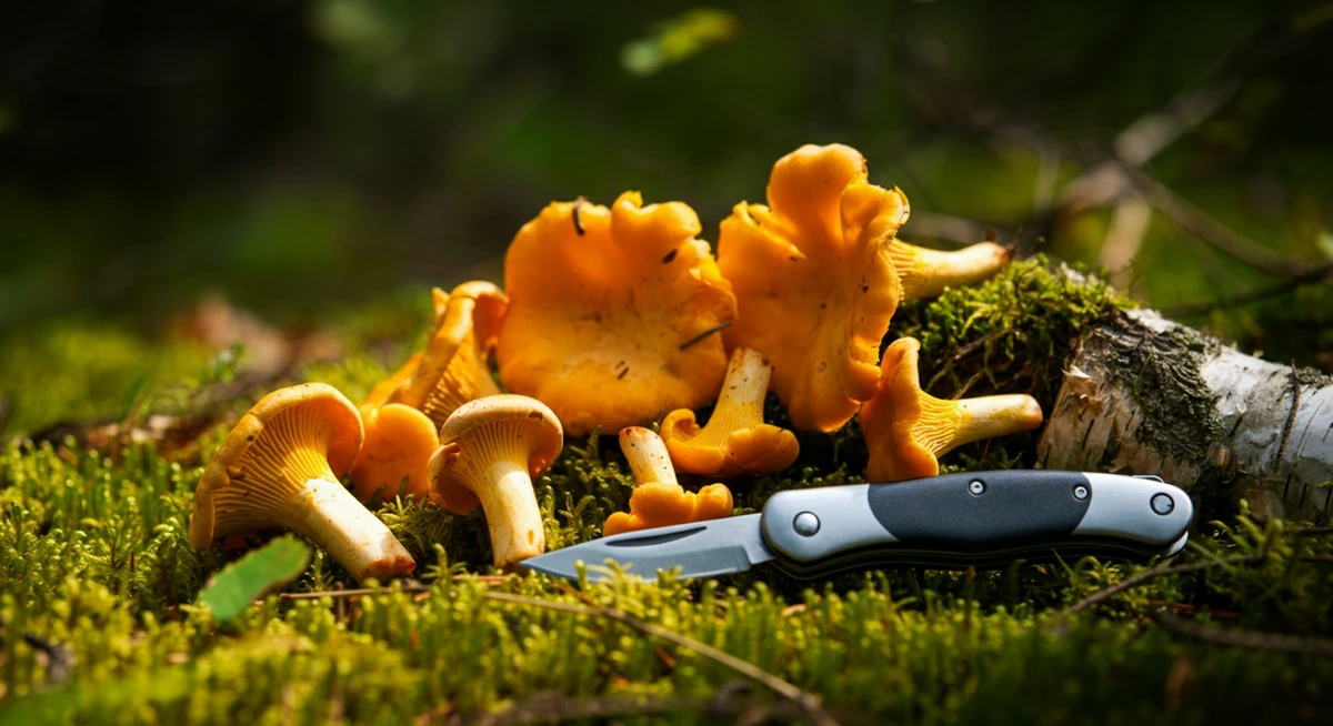 Kantareller og kniv på mose, mykofili og sopptur som meditativ aktivitet.
