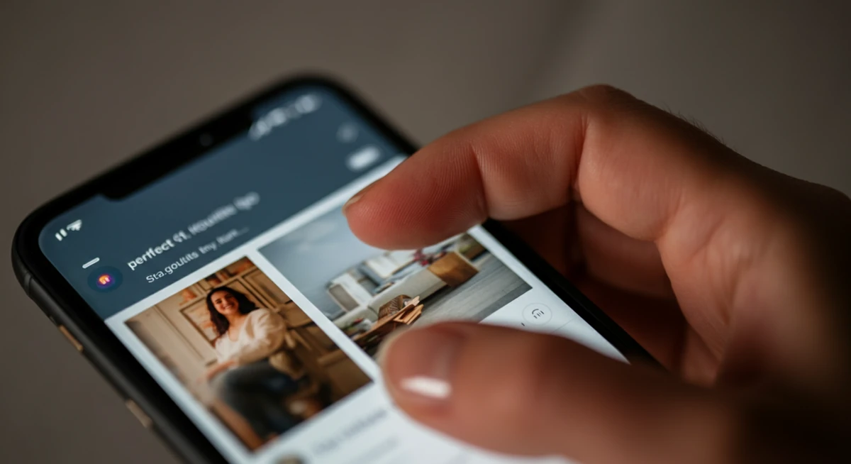 Finger som blar gjennom kuratert Instagram-feed med perfekte livsstilsbilder