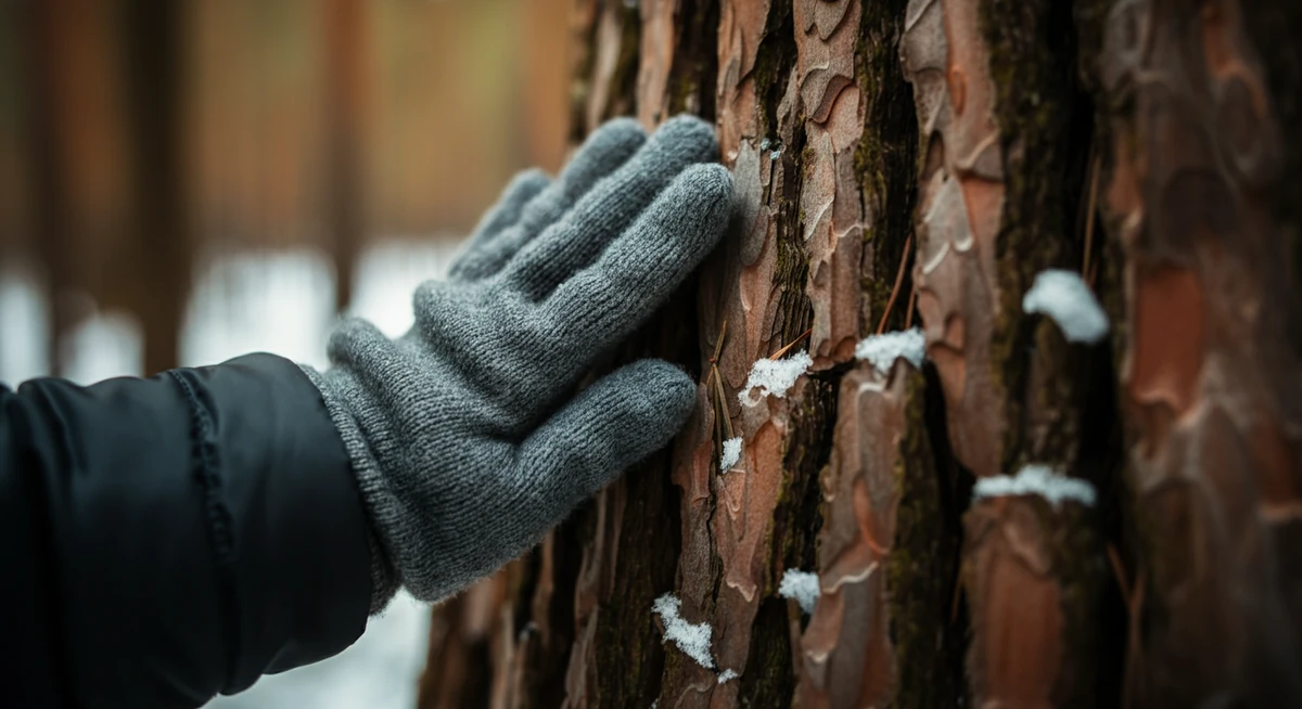 Vottekledd hånd mot furubark, ro og stillhet helse på vintertur i marka.