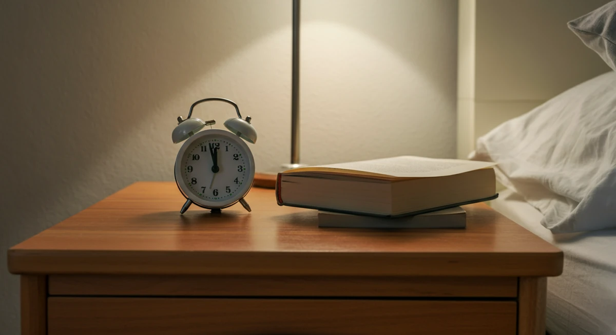 Vekkerklokke og bok ved sengen, alternativ rutine mot telefonsjekk om morgenen.