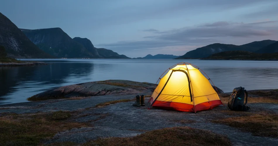 Lyst telt ved fjorden i skumring, telttur alene i norsk natur som kvinne.