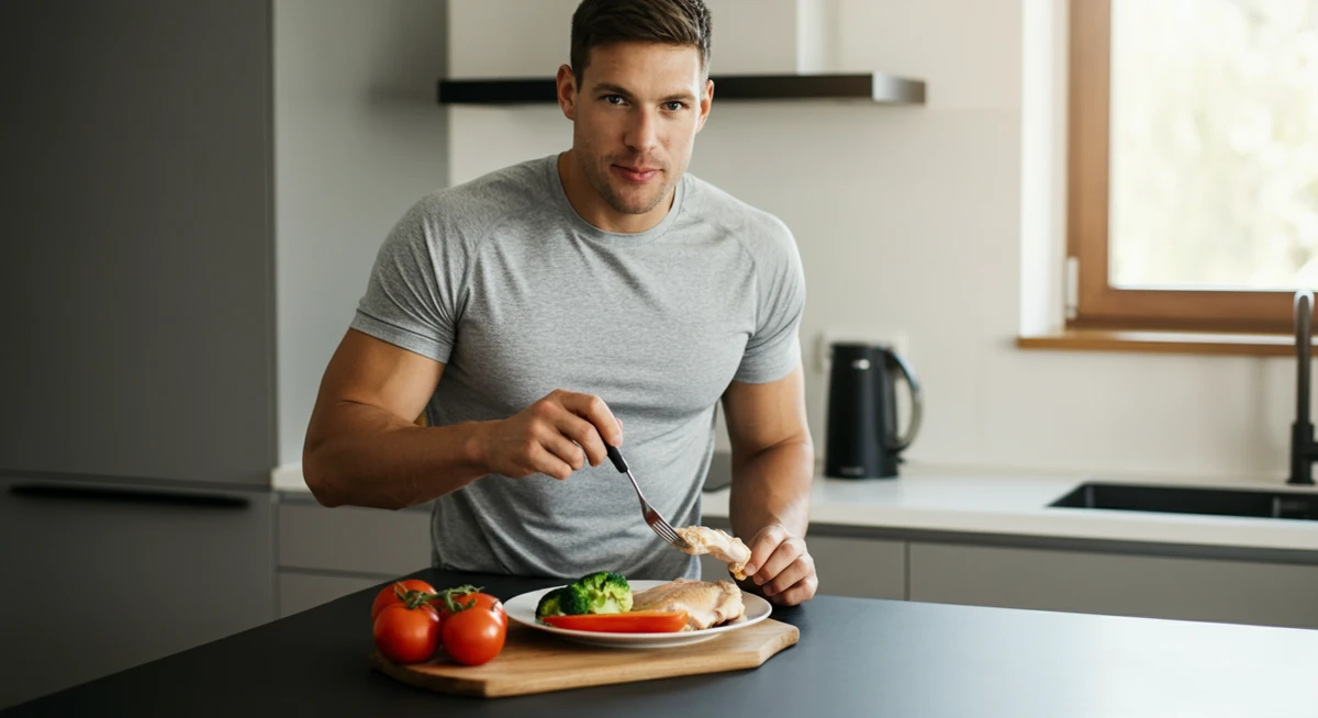 Mann spiser proteinrikt måltid med kylling og grønnsaker etter trening