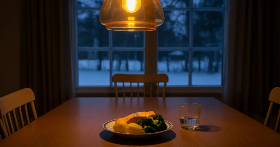 Tidlig middag med laks og poteter på norsk kjøkken, sirkadisk spising og vekttap.
