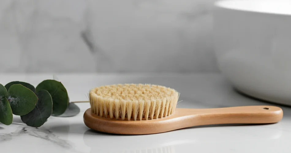 Tørrbørste med naturbust på marmorhylle for daglig hudpleie og lymfeaktivering