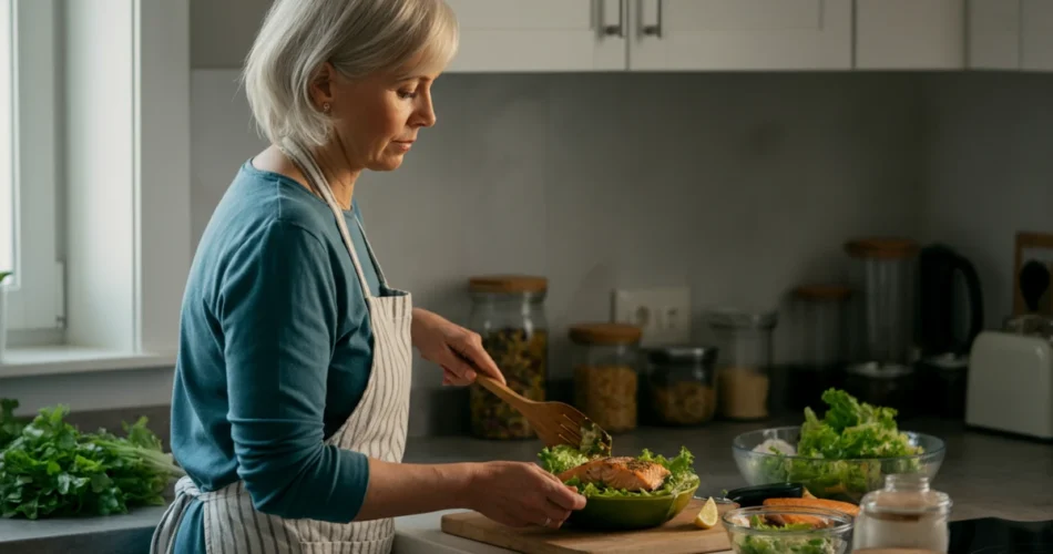 Kvinne over 50 lager proteinrikt måltid for vekttap etter overgangsalderen