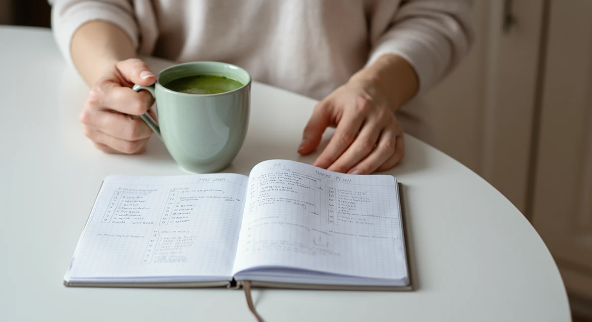 Måltidsplan og grønn te på frokostbord — strukturert kosthold etter menopause