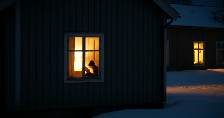 Silhuett leser ved vindu i mørketiden, sunn vinter tilbaketrekning eller SAD.