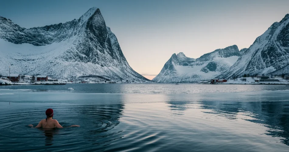 Vinterbader vader ut i kald fjord i Lofoten med snødekte fjell i bakgrunnen