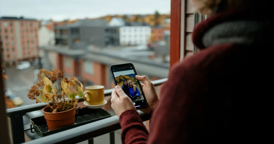 Person ser hyttebilder på balkongen, voksen FOMO i eiendomsnasjonen Norge.